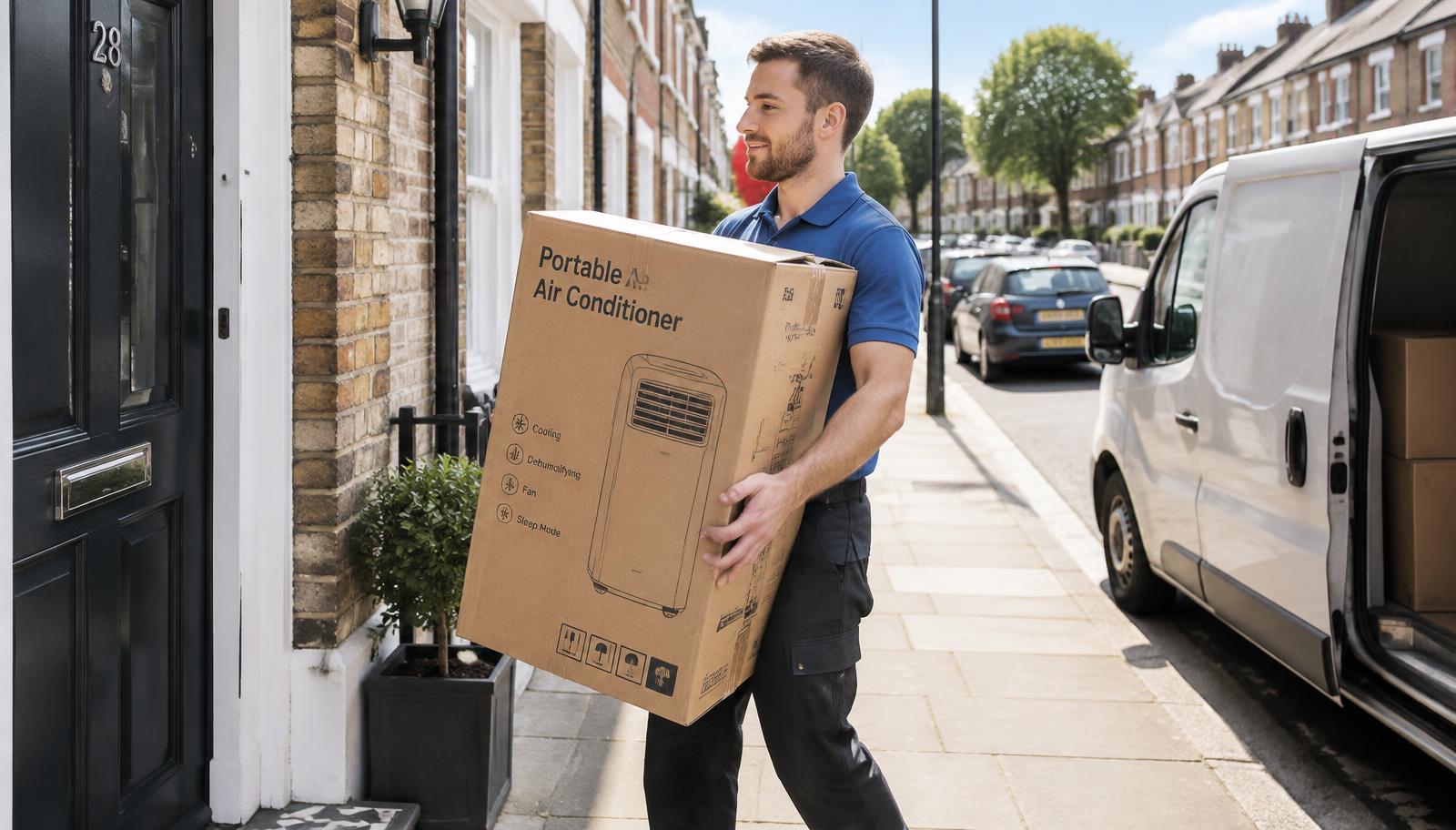 Courier delivering a portable air conditioning unit to a UK property