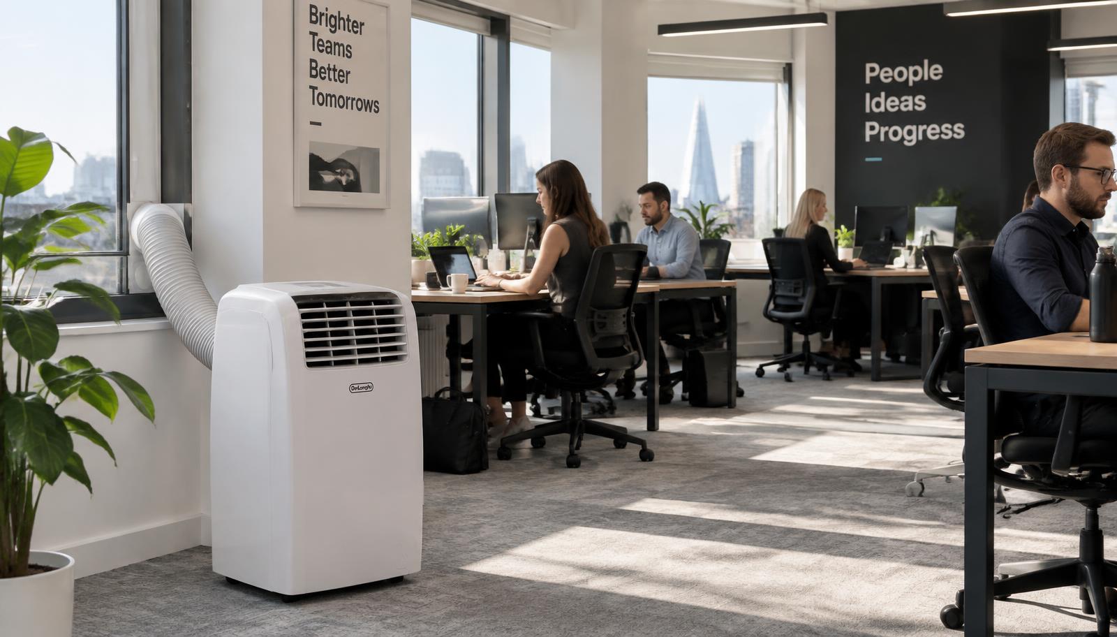 Portable air conditioning unit vented through a window in a modern UK office